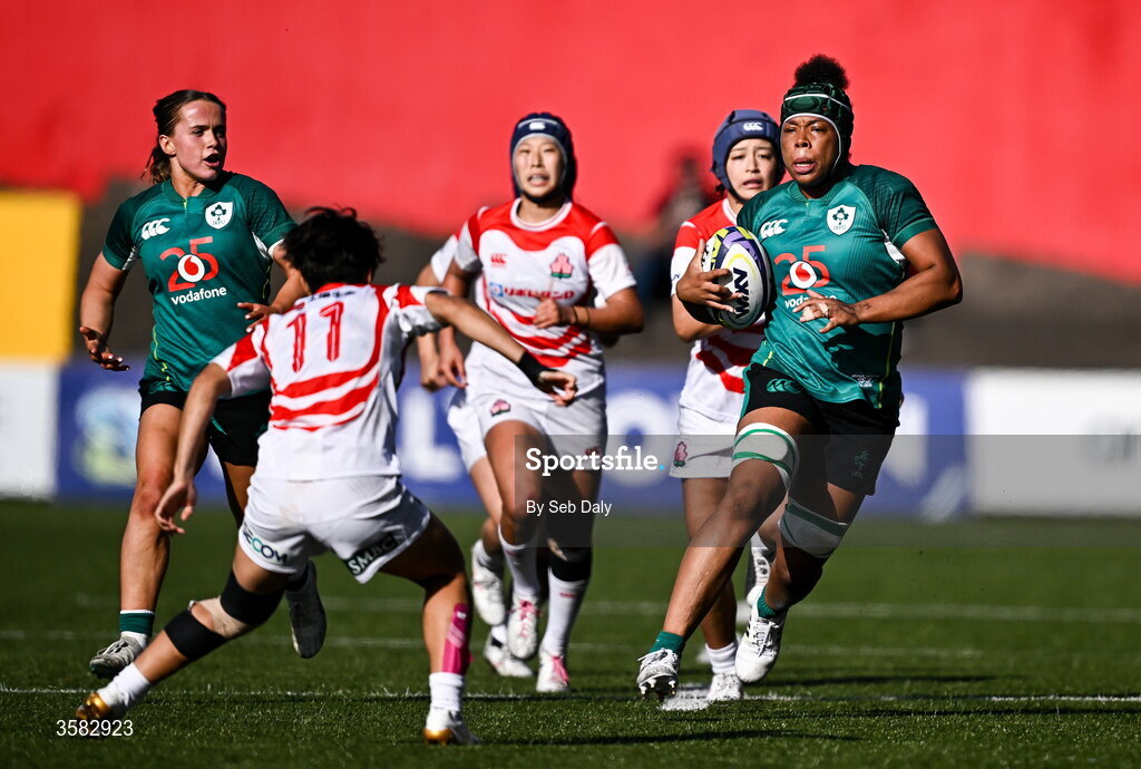 3 October 2026; Grace Moore of Ireland in action against Komachi Imakugi of Japan during the International Women's Rugby fixture between Ireland and Japan at Virgin Media Park in Cork. Photo by Seb Daly/Sportsfile