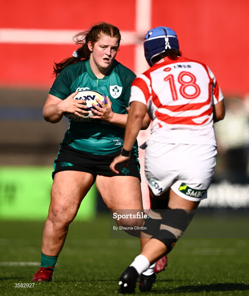 3 October 2026; Sophie Barrett of Ireland is tackled by Juka Fuji of Japan during the International Women's Rugby fixture between Ireland and Japan at Virgin Media Park in Cork. Photo by Shauna Clinton/Sportsfile