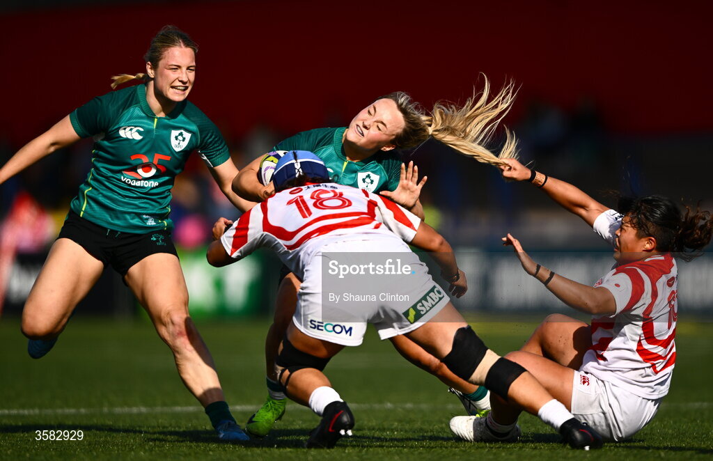 3 October 2026; Aoife Dalton of Ireland has her hair pulled by Nijiho Nagata of Japan during the International Women's Rugby fixture between Ireland and Japan at Virgin Media Park in Cork. Photo by Shauna Clinton/Sportsfile