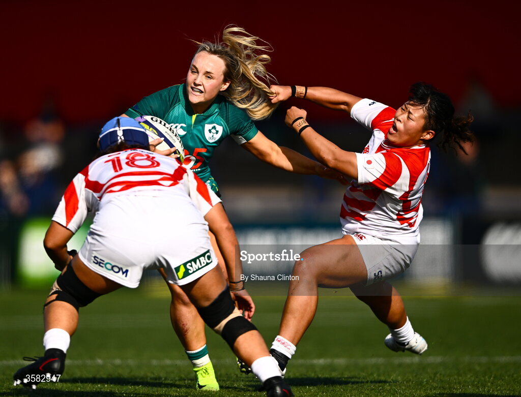 3 October 2026; Aoife Dalton of Ireland has her hair pulled by Nijiho Nagata of Japan during the International Women's Rugby fixture between Ireland and Japan at Virgin Media Park in Cork. Photo by Shauna Clinton/Sportsfile