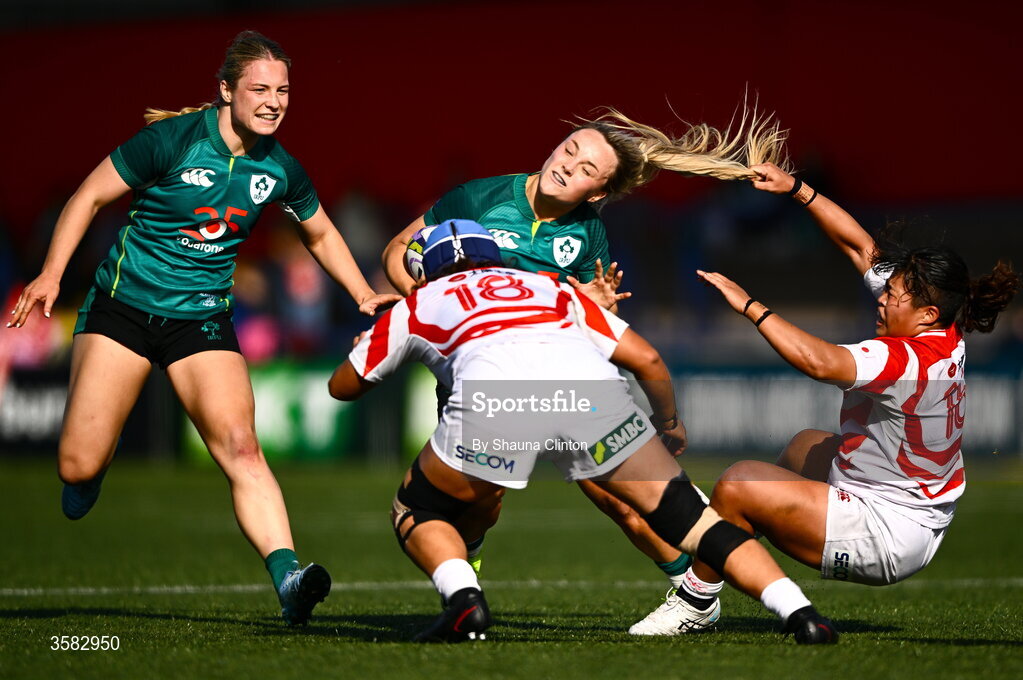 3 October 2026; Aoife Dalton of Ireland has her hair pulled by Nijiho Nagata of Japan during the International Women's Rugby fixture between Ireland and Japan at Virgin Media Park in Cork. Photo by Shauna Clinton/Sportsfile