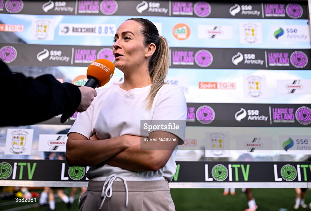 3 October 2026; Athlone head coach Lily Agg is interviewed by TG4 before the SSE Airtricity Women's Premier Division match between Athlone Town and Galway United at Athlone Town Stadium in Lissywollen, Athlone, Westmeath. Photo by Ben McShane/Sportsfile