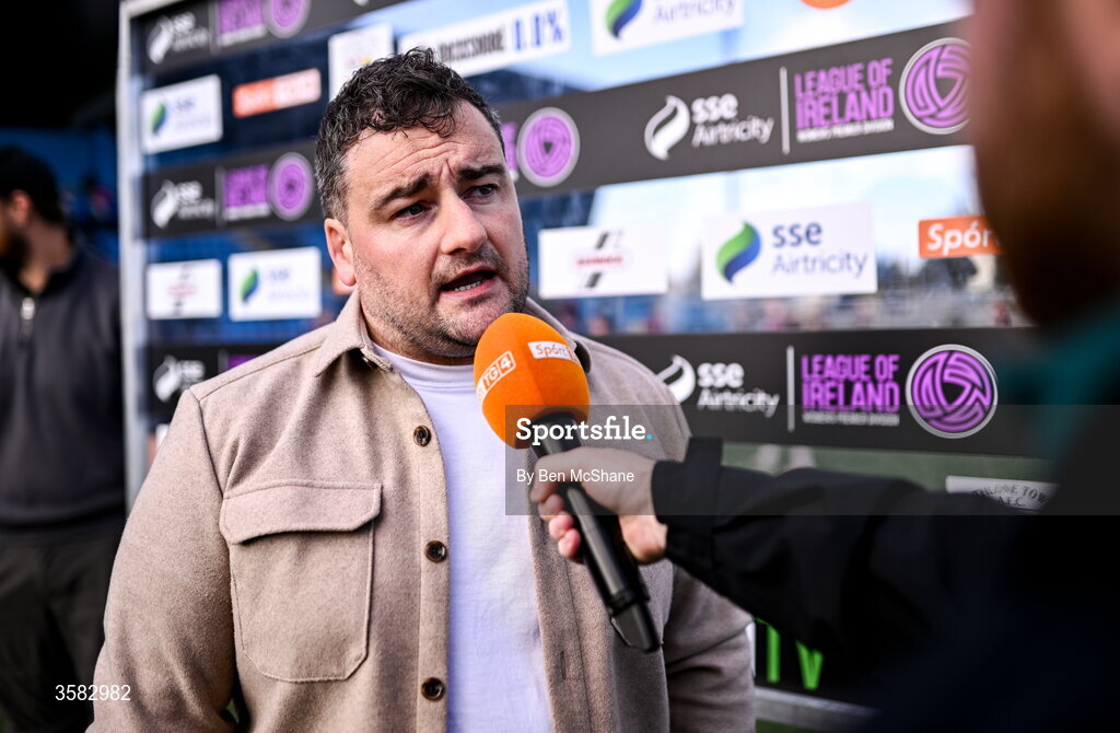 3 October 2026; Galway United head coach Phil Trill is interviewed by TG4 before the SSE Airtricity Women's Premier Division match between Athlone Town and Galway United at Athlone Town Stadium in Lissywollen, Athlone, Westmeath. Photo by Ben McShane/Sportsfile
