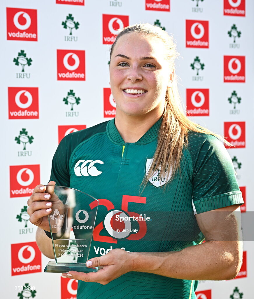3 October 2026; Béibhinn Parsons of Ireland with the player of the match award after the International Women's Rugby fixture between Ireland and Japan at Virgin Media Park in Cork. Photo by Seb Daly/Sportsfile