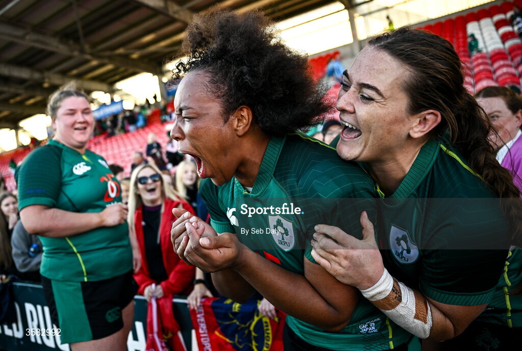 3 October 2026; Ireland players Grace Moore, left, and Jane Clohessy after the International Women's Rugby fixture between Ireland and Japan at Virgin Media Park in Cork. Photo by Seb Daly/Sportsfile