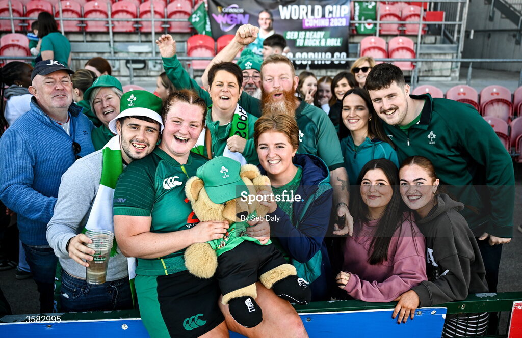 3 October 2026; Sophie Barrett of Ireland with family after the International Women's Rugby fixture between Ireland and Japan at Virgin Media Park in Cork. Photo by Seb Daly/Sportsfile