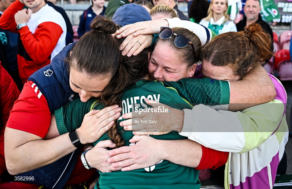 3 October 2026; Jane Clohessy of Ireland with supporters after the International Women's Rugby fixture between Ireland and Japan at Virgin Media Park in Cork. Photo by Seb Daly/Sportsfile