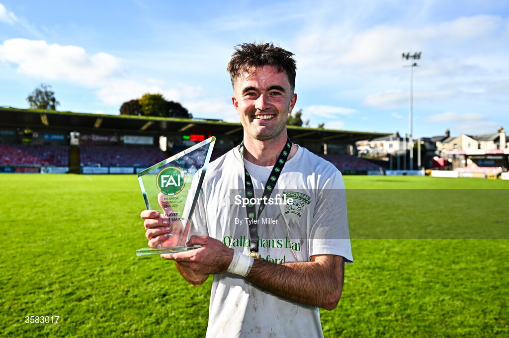 3 October 2026; Cialan O'Sullivan of Coachford with his player of the match award after the FAI Junior Cup final between Coachford and Evergreen at Munster FA Turner's Cross Park in Cork. Photo by Tyler Miller/Sportsfile