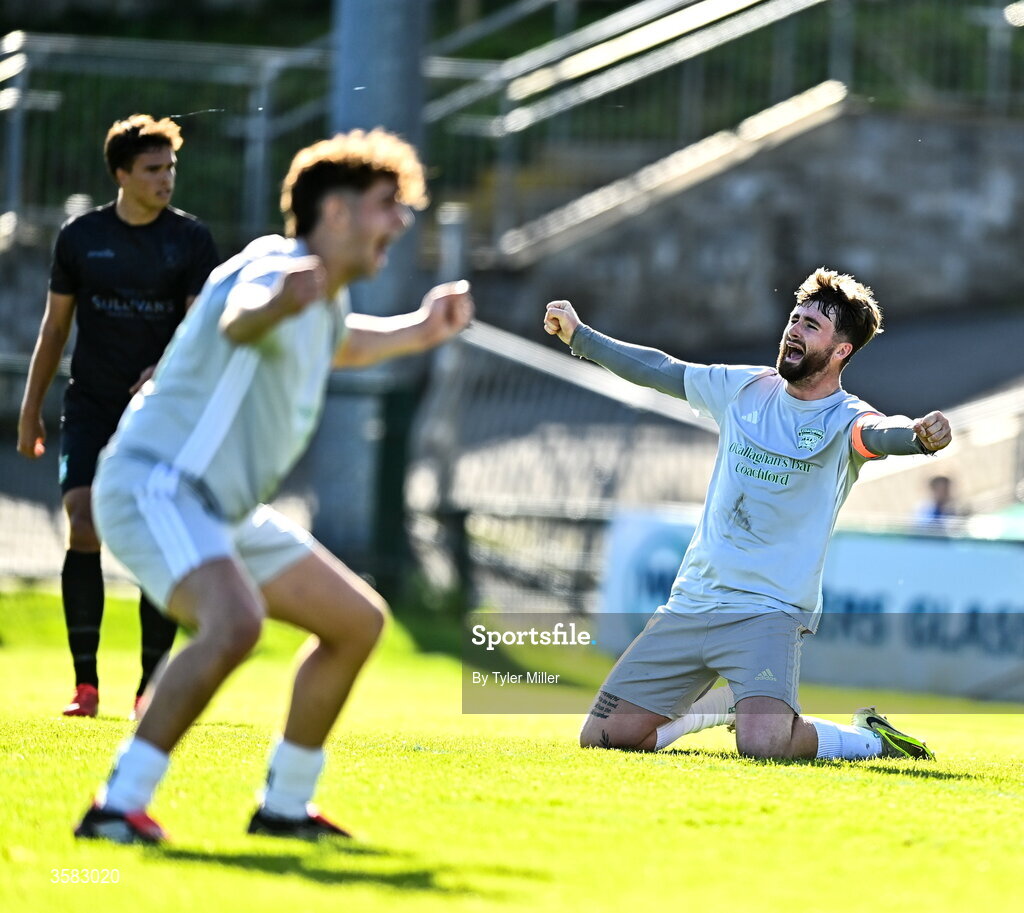 3 October 2026; Mark Murphy of Coachford celebrates after the FAI Junior Cup final between Coachford and Evergreen at Munster FA Turner's Cross Park in Cork. Photo by Tyler Miller/Sportsfile