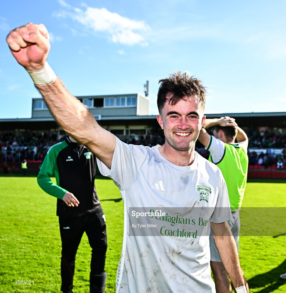 3 October 2026; Cialan O'Sullivan of Coachford celebrates after the FAI Junior Cup final between Coachford and Evergreen at Munster FA Turner's Cross Park in Cork. Photo by Tyler Miller/Sportsfile