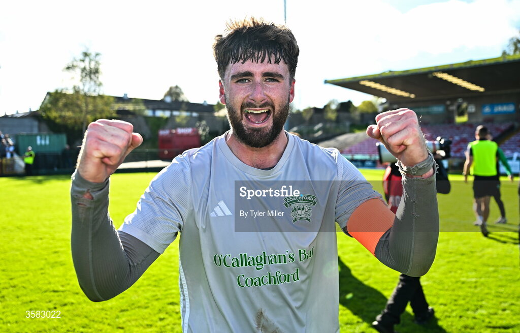 3 October 2026; Mark Murphy of Coachford celebrates after the FAI Junior Cup final between Coachford and Evergreen at Munster FA Turner's Cross Park in Cork. Photo by Tyler Miller/Sportsfile