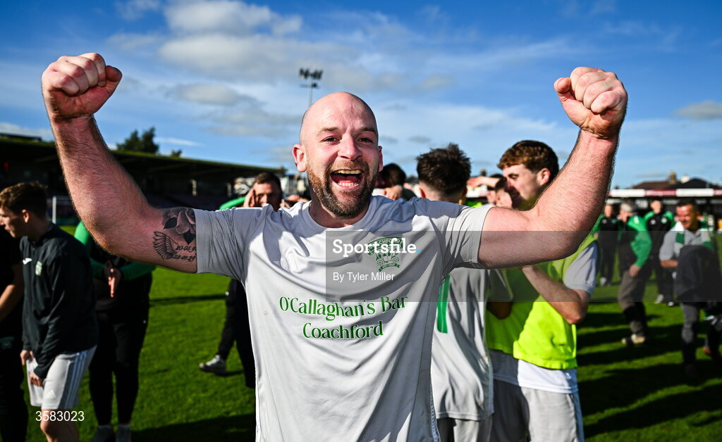 3 October 2026; Sean O'Sullivan of Coachford celebrates after the FAI Junior Cup final between Coachford and Evergreen at Munster FA Turner's Cross Park in Cork. Photo by Tyler Miller/Sportsfile