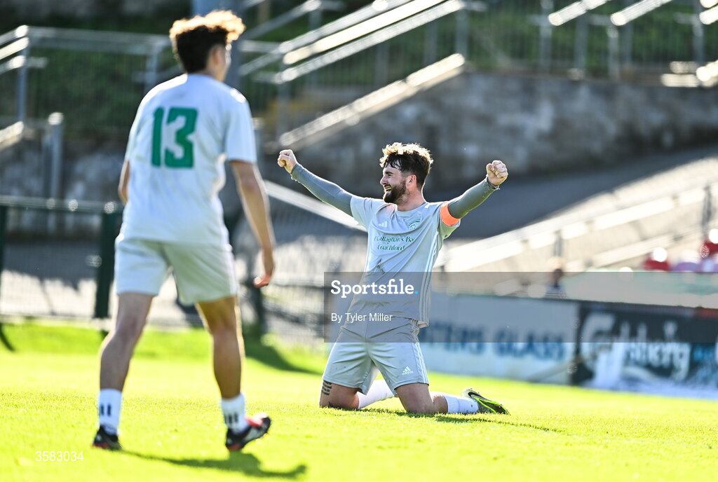 3 October 2026; Mark Murphy of Coachford celebrates after the FAI Junior Cup final between Coachford and Evergreen at Munster FA Turner's Cross Park in Cork. Photo by Tyler Miller/Sportsfile