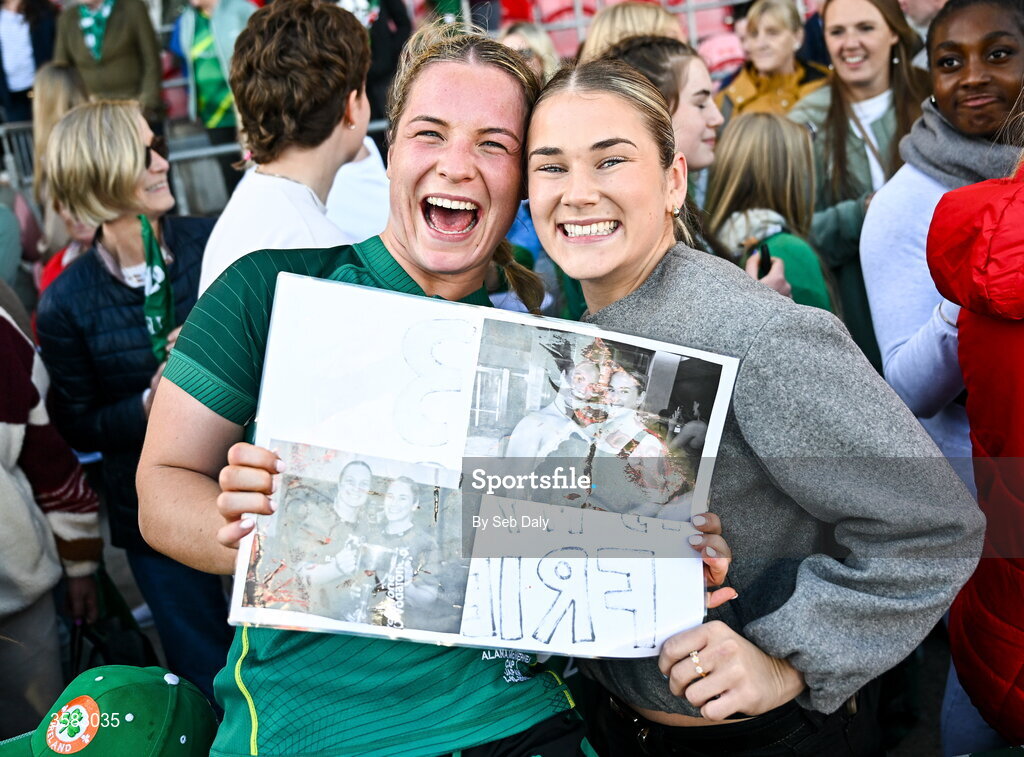 3 October 2026; Alana McInerney of Ireland, left, with UL Bohemian RFC teammate Aoife Corey after the International Women's Rugby fixture between Ireland and Japan at Virgin Media Park in Cork. Photo by Seb Daly/Sportsfile