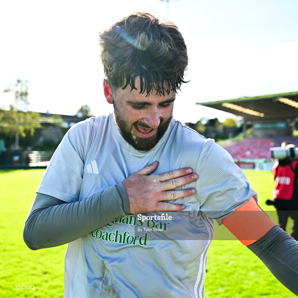 3 October 2026; Mark Murphy of Coachford celebrates after the FAI Junior Cup final between Coachford and Evergreen at Munster FA Turner's Cross Park in Cork. Photo by Tyler Miller/Sportsfile