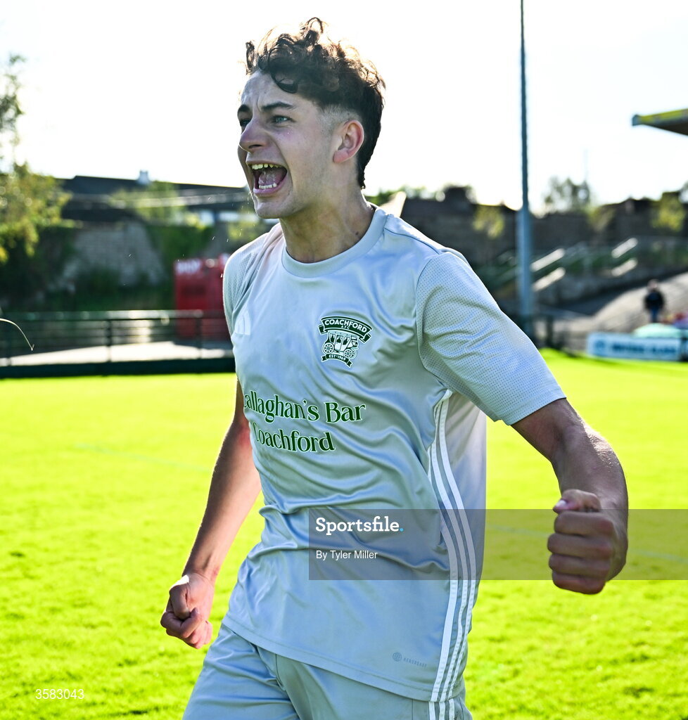 3 October 2026; Jack O'Sullivan of Coachford celebrates after the FAI Junior Cup final between Coachford and Evergreen at Munster FA Turner's Cross Park in Cork. Photo by Tyler Miller/Sportsfile