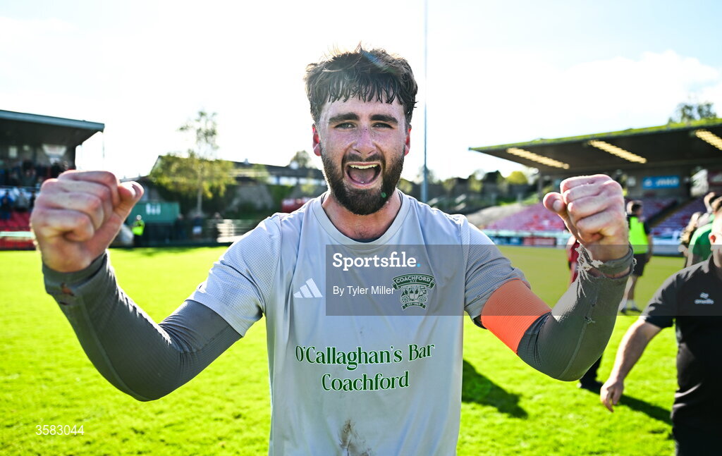 3 October 2026; Mark Murphy of Coachford celebrates after the FAI Junior Cup final between Coachford and Evergreen at Munster FA Turner's Cross Park in Cork. Photo by Tyler Miller/Sportsfile