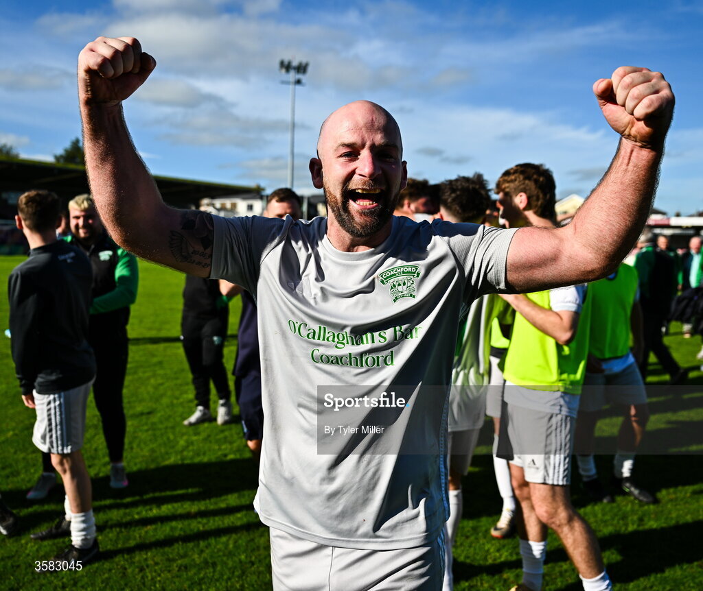 3 October 2026; Sean O'Sullivan of Coachford celebrates after the FAI Junior Cup final between Coachford and Evergreen at Munster FA Turner's Cross Park in Cork. Photo by Tyler Miller/Sportsfile