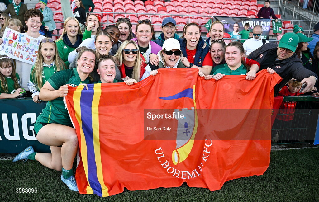 3 October 2026; Ireland players Alana McInerney, Beth Buttimer, and Eilís Cahill with their UL Bohemian RFC teammates after the International Women's Rugby fixture between Ireland and Japan at Virgin Media Park in Cork. Photo by Seb Daly/Sportsfile