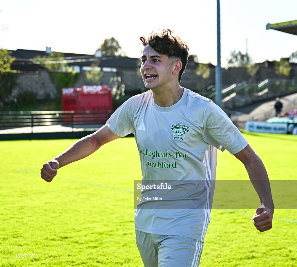 3 October 2026; Jack O'Sullivan of Coachford celebrates after the FAI Junior Cup final between Coachford and Evergreen at Munster FA Turner's Cross Park in Cork. Photo by Tyler Miller/Sportsfile