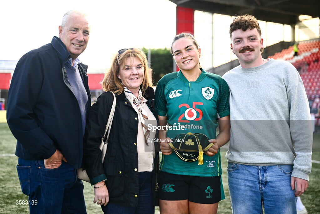 3 October 2026; Ireland debutant Kate Jordan with family and friends after the International Women's Rugby fixture between Ireland and Japan at Virgin Media Park in Cork. Photo by Shauna Clinton/Sportsfile