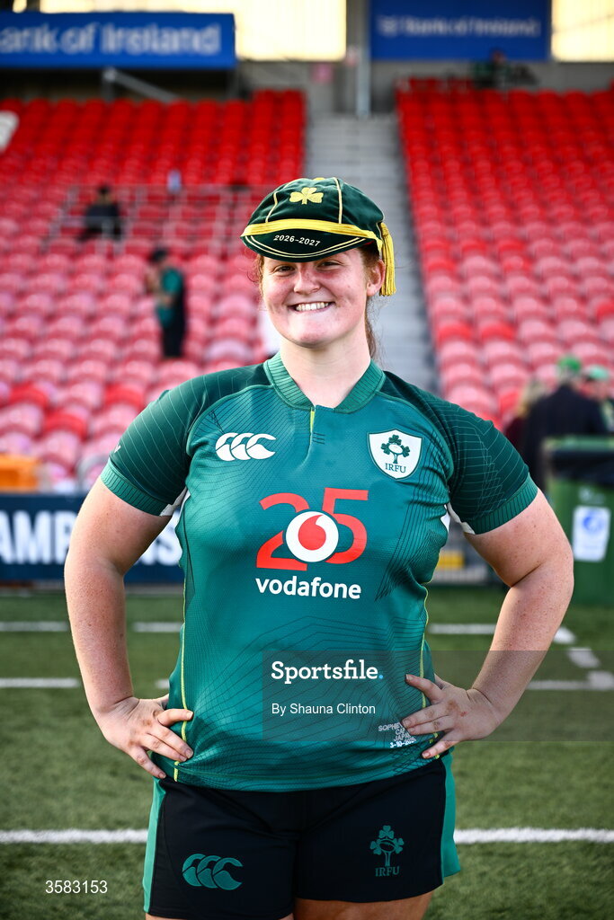 3 October 2026; Ireland debutant Sophie Barrett after the International Women's Rugby fixture between Ireland and Japan at Virgin Media Park in Cork. Photo by Shauna Clinton/Sportsfile