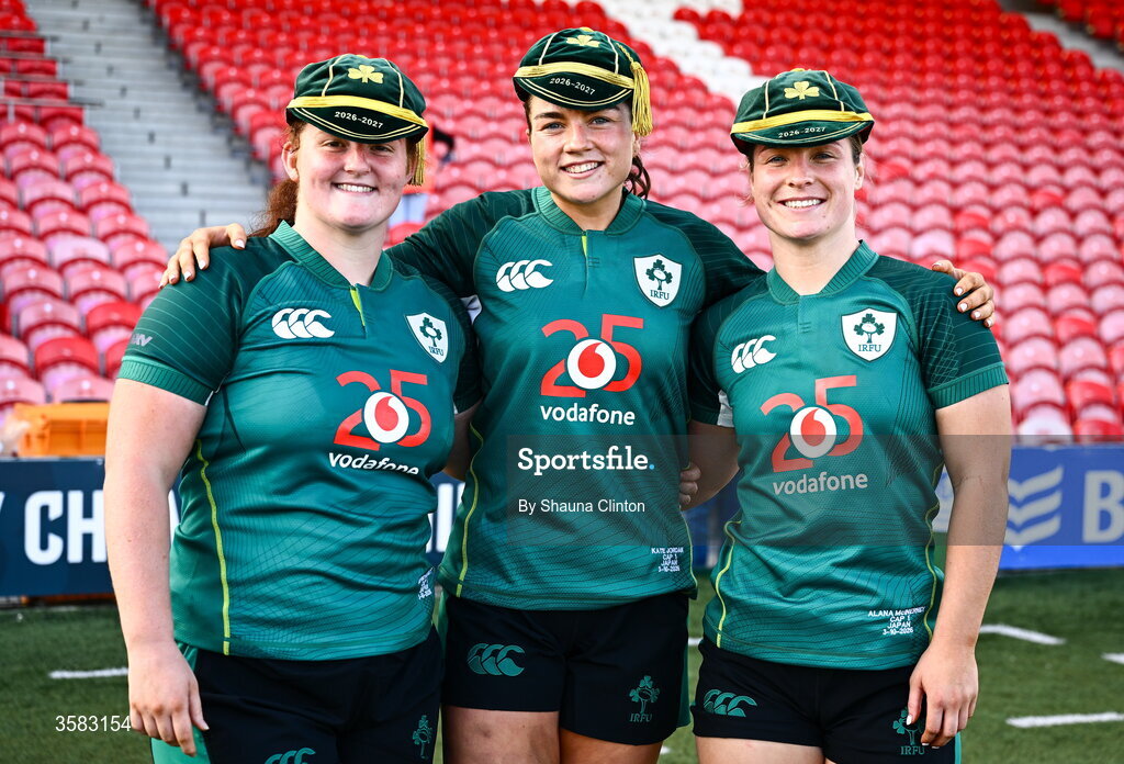 3 October 2026; Ireland debutants, from left, Sophie Barrett, Kate Jordan and Alana McInerney after the International Women's Rugby fixture between Ireland and Japan at Virgin Media Park in Cork. Photo by Shauna Clinton/Sportsfile