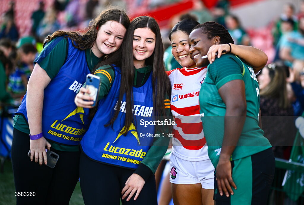 3 October 2026; Wako Kitano of Japan, left, and Linda Djougang of Ireland with supporters after the International Women's Rugby fixture between Ireland and Japan at Virgin Media Park in Cork. Photo by Shauna Clinton/Sportsfile