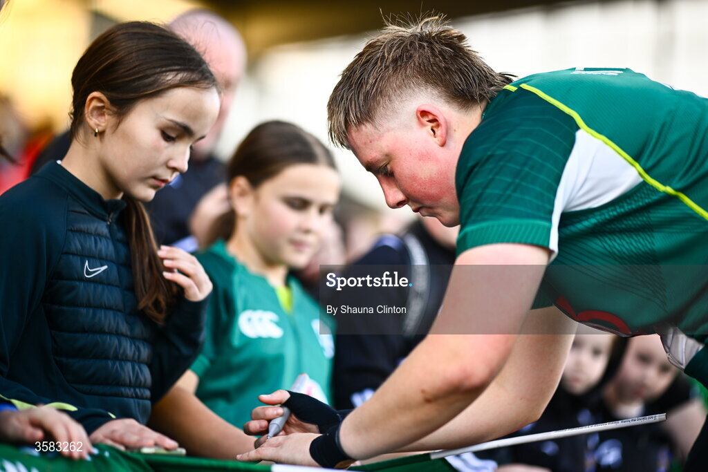 3 October 2026; Beth Buttimer of Ireland with supporters after the International Women's Rugby fixture between Ireland and Japan at Virgin Media Park in Cork. Photo by Shauna Clinton/Sportsfile