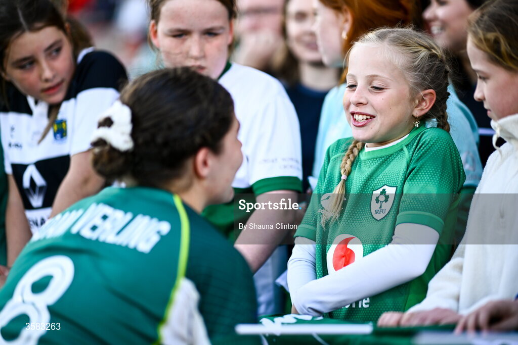 3 October 2026; Jemima Adams Verling of Ireland with supporters after the International Women's Rugby fixture between Ireland and Japan at Virgin Media Park in Cork. Photo by Shauna Clinton/Sportsfile