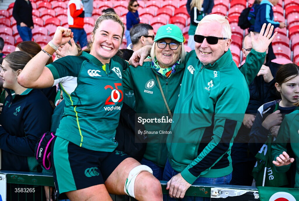 3 October 2026; Fiona Tuite-O'Sullivan of Ireland with family and friends after the International Women's Rugby fixture between Ireland and Japan at Virgin Media Park in Cork. Photo by Shauna Clinton/Sportsfile