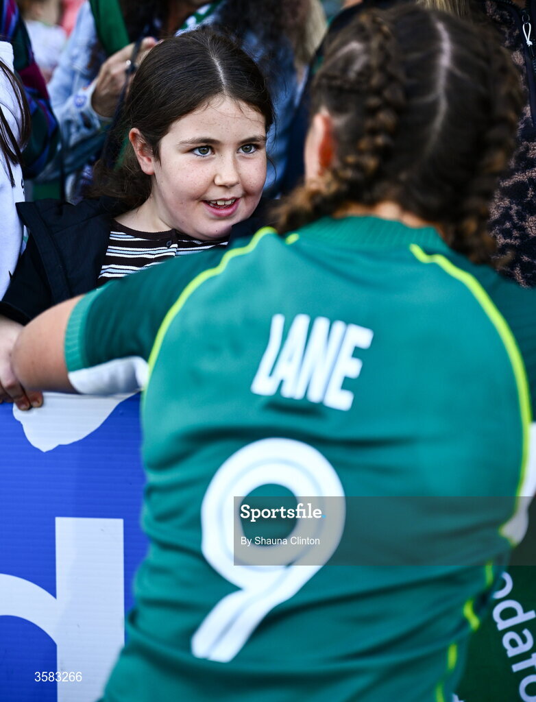 3 October 2026; Emily Lane of Ireland with supporters after the International Women's Rugby fixture between Ireland and Japan at Virgin Media Park in Cork. Photo by Shauna Clinton/Sportsfile