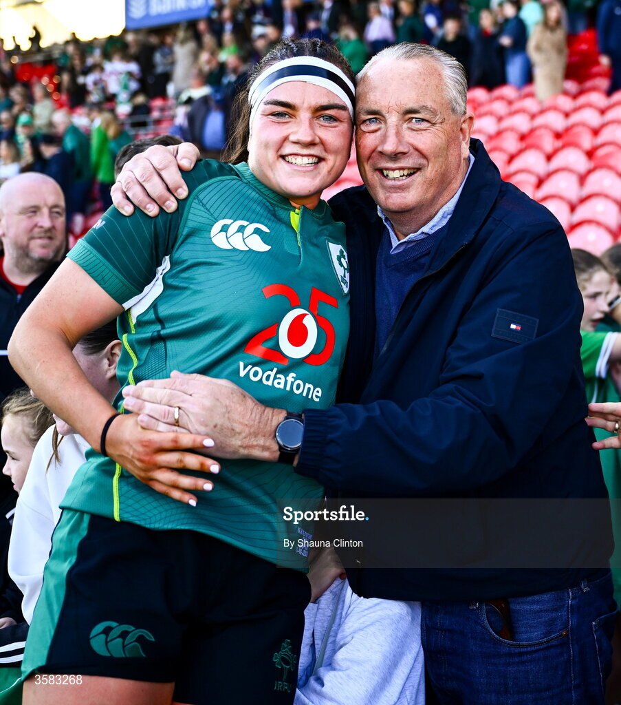 3 October 2026; Kate Jordan of Ireland with family and friends after the International Women's Rugby fixture between Ireland and Japan at Virgin Media Park in Cork. Photo by Shauna Clinton/Sportsfile