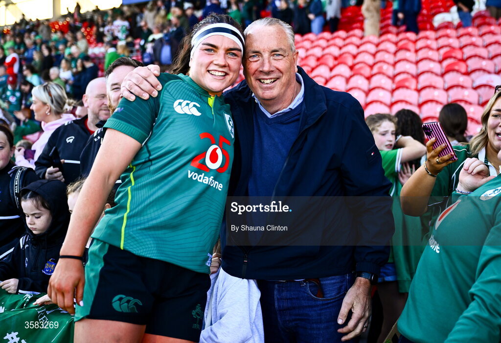 3 October 2026; Kate Jordan of Ireland with family and friends after the International Women's Rugby fixture between Ireland and Japan at Virgin Media Park in Cork. Photo by Shauna Clinton/Sportsfile