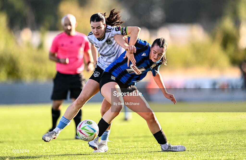3 October 2026; Melissa O'Kane of Athlone Town in action against Aoibheann Costello of Galway United during the SSE Airtricity Women's Premier Division match between Athlone Town and Galway United at Athlone Town Stadium in Lissywollen, Athlone, Westmeath. Photo by Ben McShane/Sportsfile