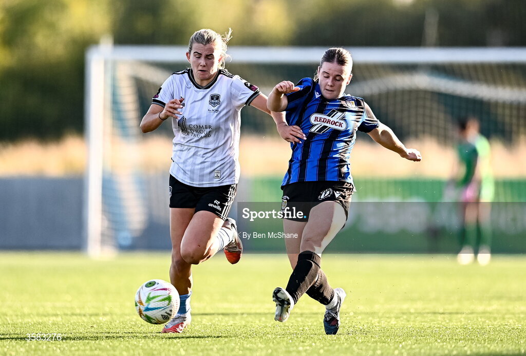 3 October 2026; Emma Mooney of Athlone Town in action against Emma Doherty of Galway United during the SSE Airtricity Women's Premier Division match between Athlone Town and Galway United at Athlone Town Stadium in Lissywollen, Athlone, Westmeath. Photo by Ben McShane/Sportsfile