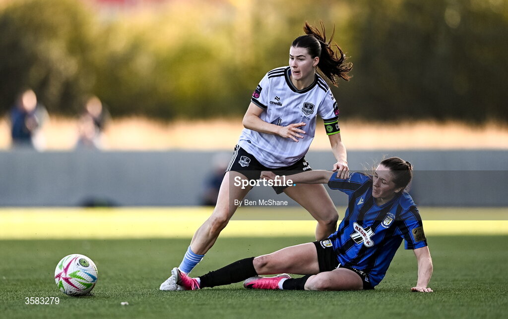 3 October 2026; Aoibheann Costello of Galway United is tackled by Roisin Molloy of Athlone Town during the SSE Airtricity Women's Premier Division match between Athlone Town and Galway United at Athlone Town Stadium in Lissywollen, Athlone, Westmeath. Photo by Ben McShane/Sportsfile