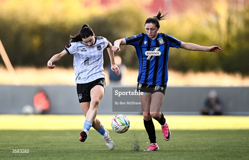 3 October 2026; Aoibheann Costello of Galway United in action against Roisin Molloy of Athlone Town during the SSE Airtricity Women's Premier Division match between Athlone Town and Galway United at Athlone Town Stadium in Lissywollen, Athlone, Westmeath. Photo by Ben McShane/Sportsfile