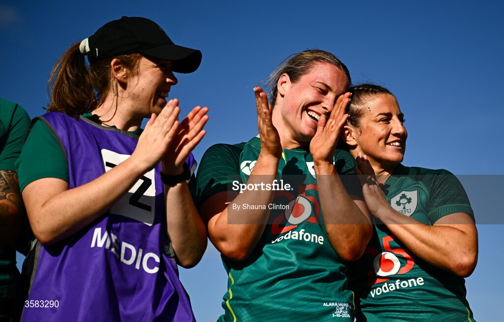 3 October 2026; Ireland debutant Alana McInerney, centre, with physio Roisín O'Brien, left, and team-mate Emily Lane after the International Women's Rugby fixture between Ireland and Japan at Virgin Media Park in Cork. Photo by Shauna Clinton/Sportsfile