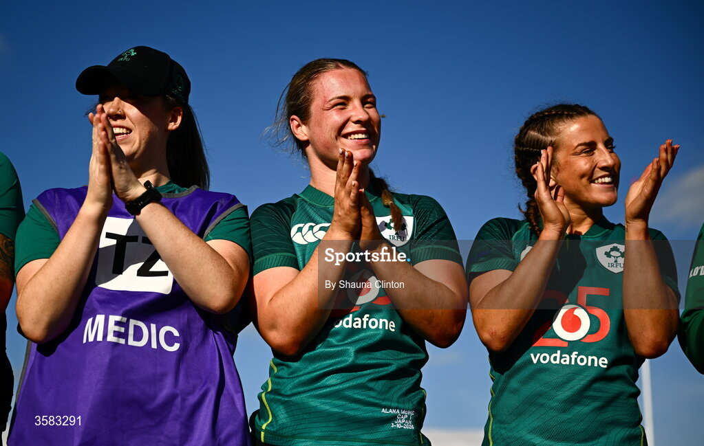 3 October 2026; Ireland players Alana McInerney, centre, and Emily Lane with physio Roisín O'Brien after the International Women's Rugby fixture between Ireland and Japan at Virgin Media Park in Cork. Photo by Shauna Clinton/Sportsfile