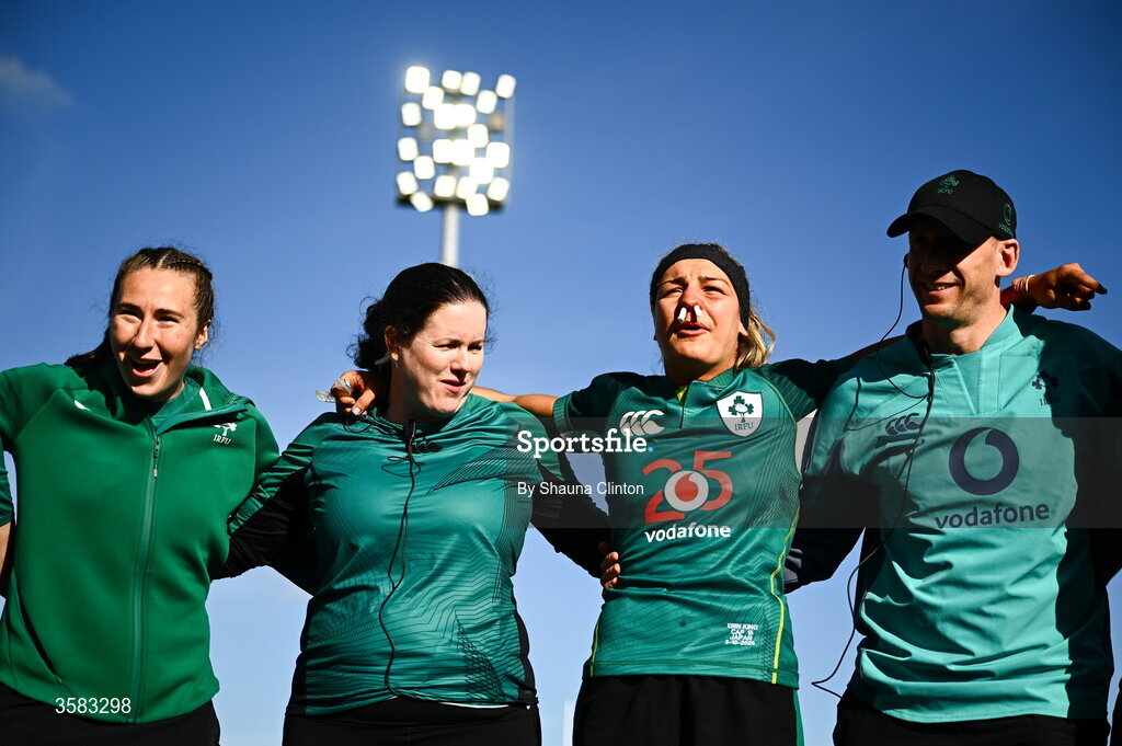 3 October 2026; Ireland captain Erin King, centre, and team-mates huddle after the International Women's Rugby fixture between Ireland and Japan at Virgin Media Park in Cork. Photo by Shauna Clinton/Sportsfile
