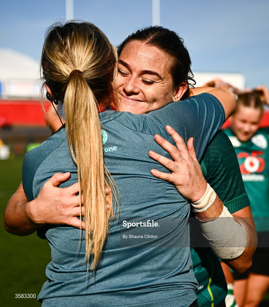 3 October 2026; Jane Clohessy of Ireland hugs Ireland nutritionist Kate Kavanagh after the International Women's Rugby fixture between Ireland and Japan at Virgin Media Park in Cork. Photo by Shauna Clinton/Sportsfile