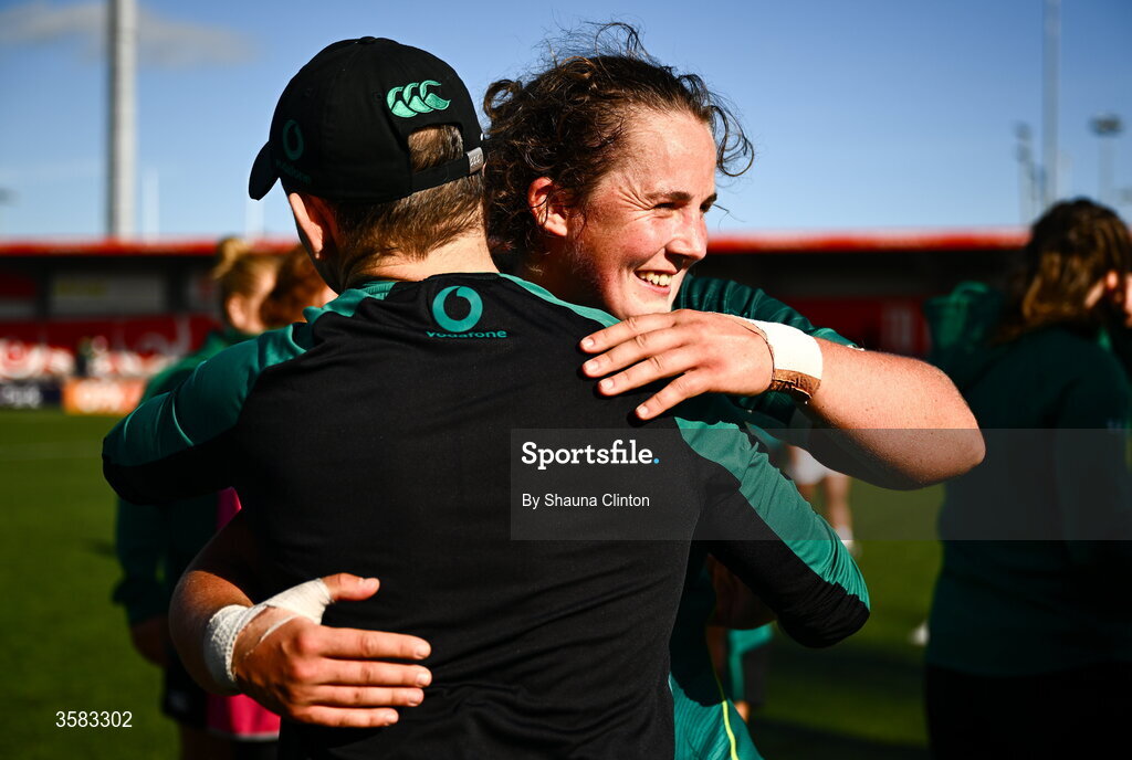 3 October 2026; Enya Breen of Ireland hugs Ireland kicking coach Gareth Steenson after the International Women's Rugby fixture between Ireland and Japan at Virgin Media Park in Cork. Photo by Shauna Clinton/Sportsfile