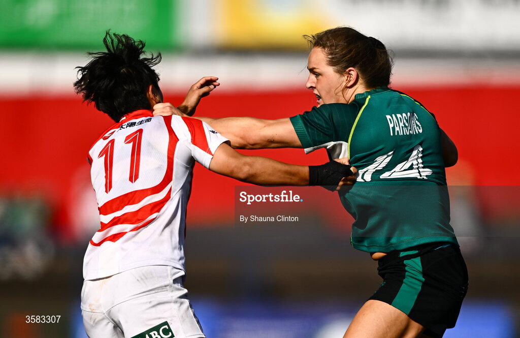 3 October 2026; Béibhinn Parsons of Ireland in action against Komachi Imakugi of Japan during the International Women's Rugby fixture between Ireland and Japan at Virgin Media Park in Cork. Photo by Shauna Clinton/Sportsfile