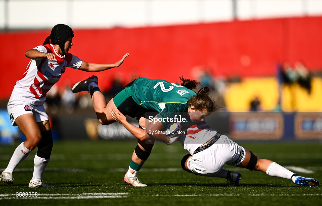 3 October 2026; Enya Breen of Ireland is tackled by Nami Asari of Japan during the International Women's Rugby fixture between Ireland and Japan at Virgin Media Park in Cork. Photo by Shauna Clinton/Sportsfile