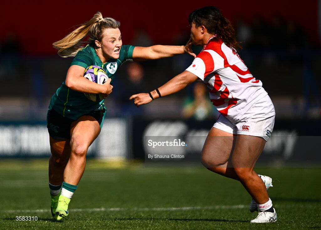 3 October 2026; Aoife Dalton of Ireland in action against Nijiho Nagata of Japan during the International Women's Rugby fixture between Ireland and Japan at Virgin Media Park in Cork. Photo by Shauna Clinton/Sportsfile