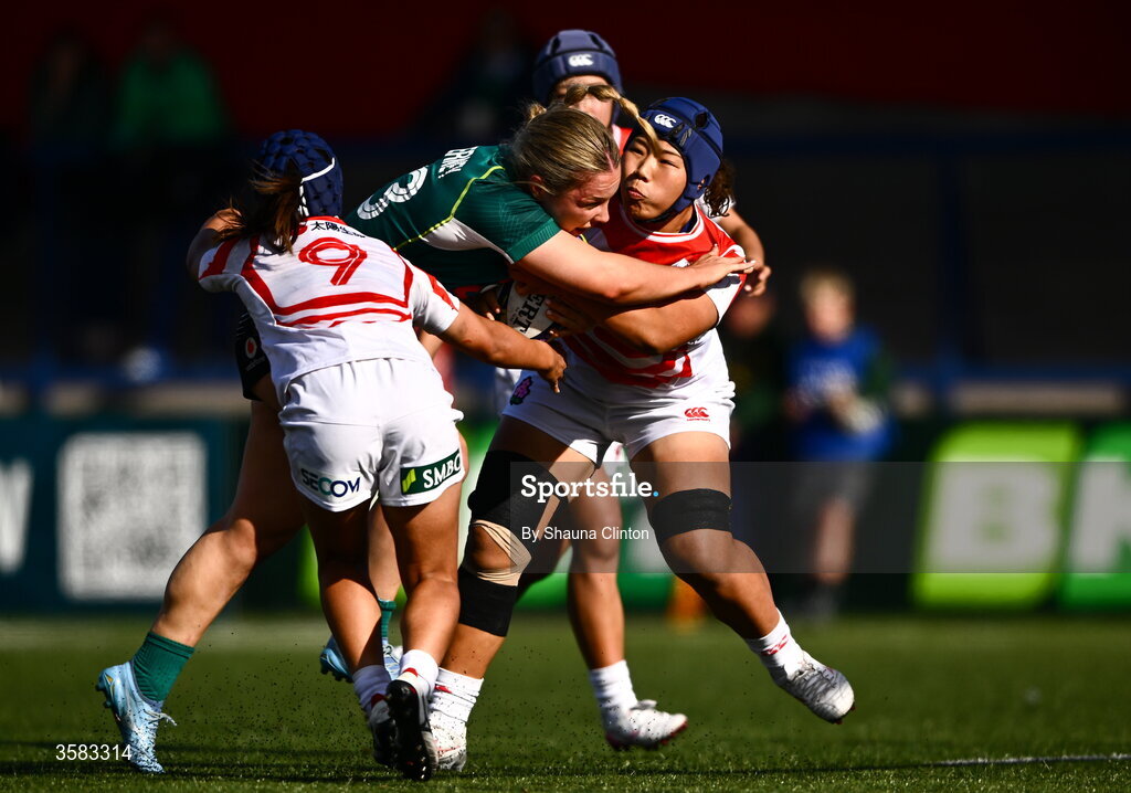 3 October 2026; Alana McInerney of Ireland is tackled by Moe Tsukui of Japan during the International Women's Rugby fixture between Ireland and Japan at Virgin Media Park in Cork. Photo by Shauna Clinton/Sportsfile