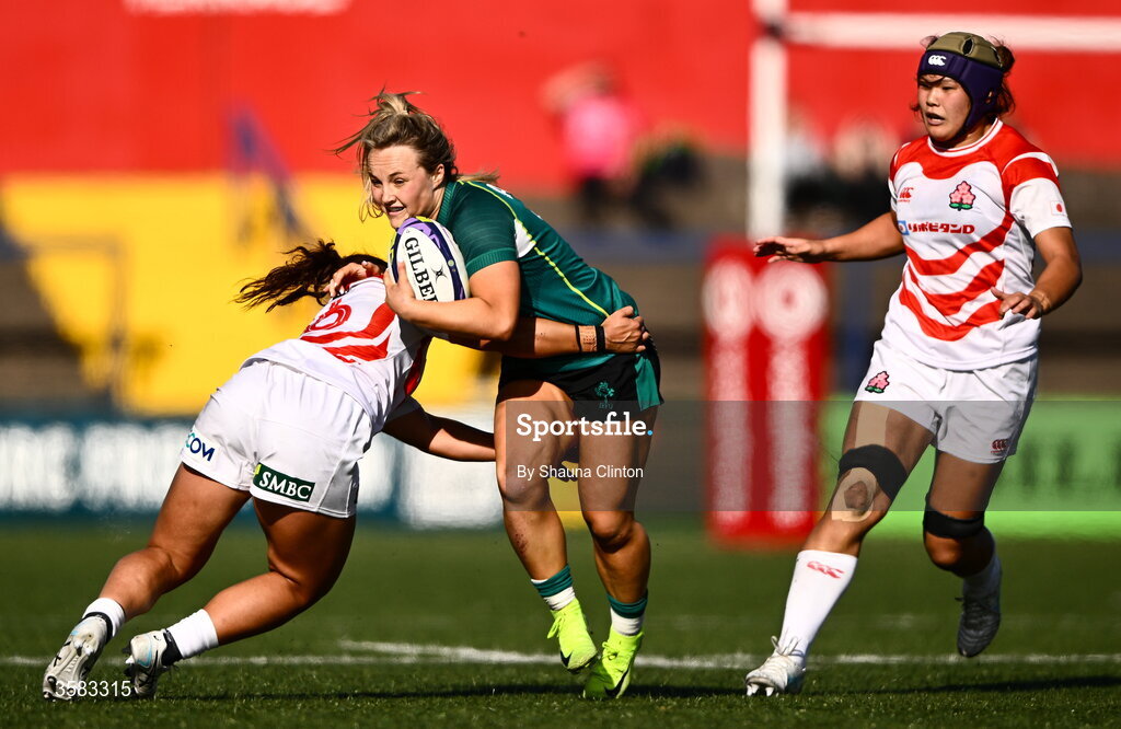 3 October 2026; Aoife Dalton of Ireland is tackled by Nijiho Nagata of Japan during the International Women's Rugby fixture between Ireland and Japan at Virgin Media Park in Cork. Photo by Shauna Clinton/Sportsfile