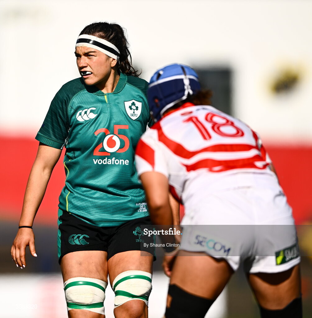 3 October 2026; Kate Jordan of Ireland, centre, during the International Women's Rugby fixture between Ireland and Japan at Virgin Media Park in Cork. Photo by Shauna Clinton/Sportsfile