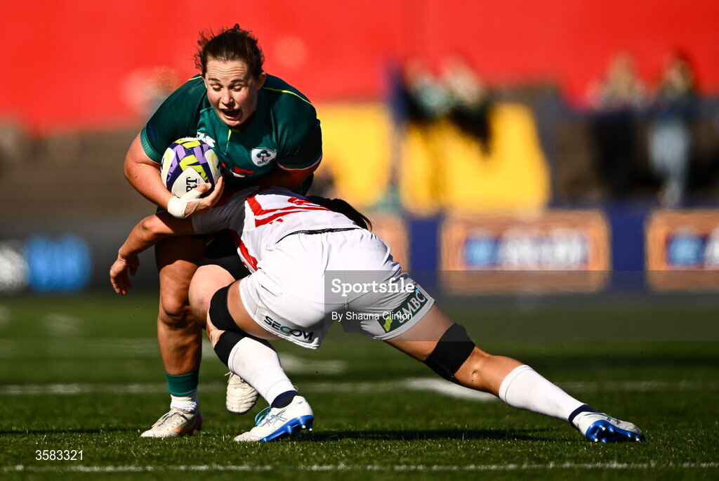 3 October 2026; Enya Breen of Ireland is tackled by Nami Asari of Japan during the International Women's Rugby fixture between Ireland and Japan at Virgin Media Park in Cork. Photo by Shauna Clinton/Sportsfile